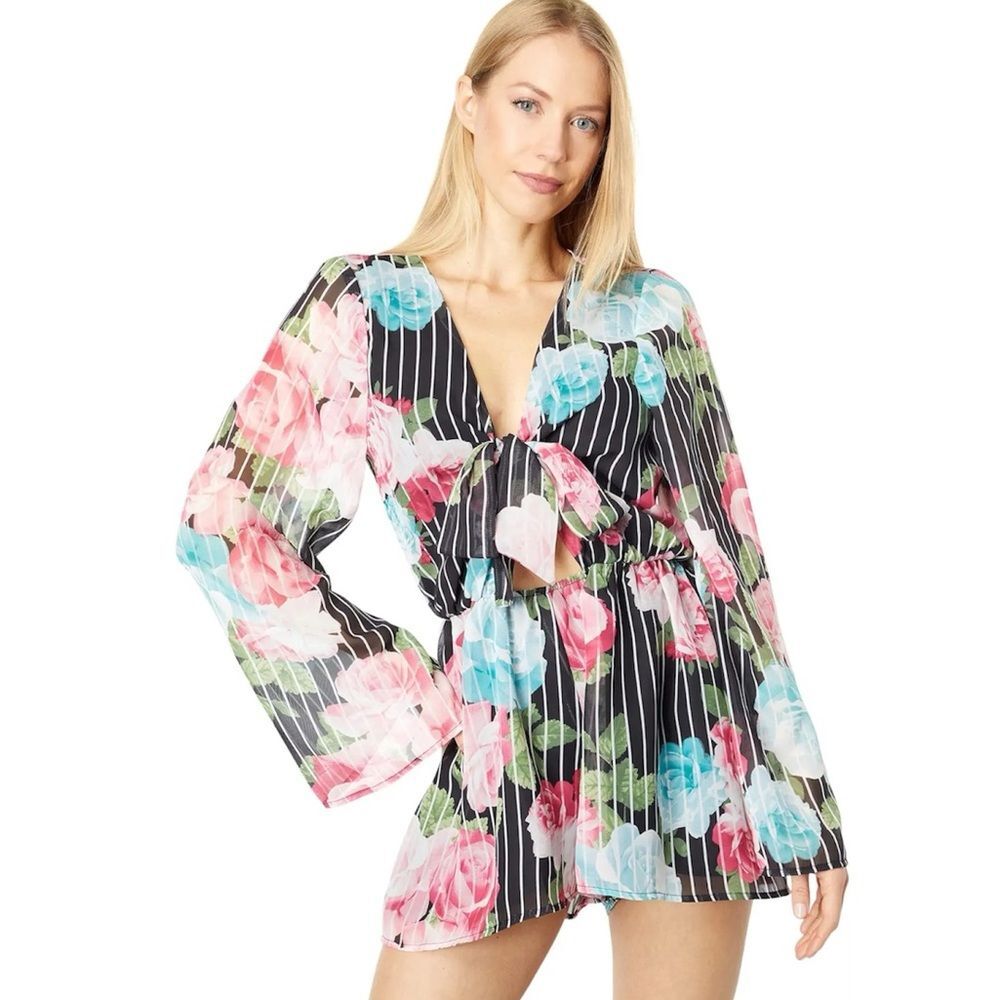 Bebe Floral Tie Front Romper Size M – Sheer Flutter Sleeves Black Stripe Print